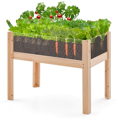 COSTWAY Jardinière Surélevée en Bois sur Pieds 130 L, Lit de Jardin avec Trous de Drainage Panneaux Acryliques Transparent Hauteur Adaptée, pour Légumes Herbes Fleurs Naturel(100 x 59 x 77 cm)