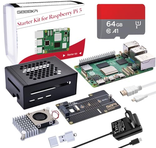 GeeekPi Starter Kit für Raspberry Pi 5 8GB, mit N04 M.2 NVMe SSD PCIe Peripheriekarte, Metallgehäuse, offiziellem aktiven Kühler, 64GB SD Karte und Kartenleser, HDMI Kabel, PD 27W USB C Netzteil
