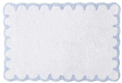 Peri Home Scalloped Bath Rug - Soft & Absorbent 100% Cotton Tufted Bath Mat, 20 x 30, White with Blue Scallop