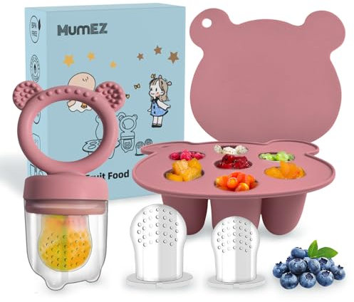 MumEZ Chupete alimentador de frutas para bebés – Práctico juego de comedero de alimentos para bebés, fácil viaje de autoalimentación con comedero para chupete de alimentos para bebés, bandejas para