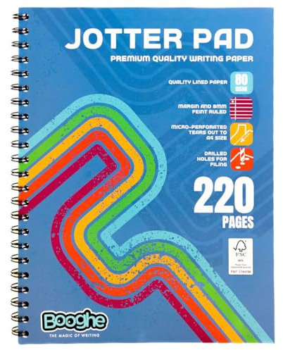 Booghe A4 linjerad anteckningsblock – omslagsbundna anteckningsblock med 220 sidor, skrivpapper av högsta kvalitet 80 gsm fodrat papper, perfekt för hem, skola och kontor (paket med 1).