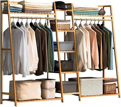 Kleiderstange Kleiderständer Holz Kleiderständer Tragbar, Offener Kleiderschrank Garderobenständer mit Aufbewahrungsbox Regalen, Kleiderständer Modern für Eingangsbereich und Schlafzimmer, (B)