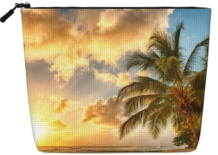 YFSGDLBN Sunset Hawaiian Palm Tree Printed Fake Hemp Makeup Bag Daily Storage Bag Travel Cosmetic Bag