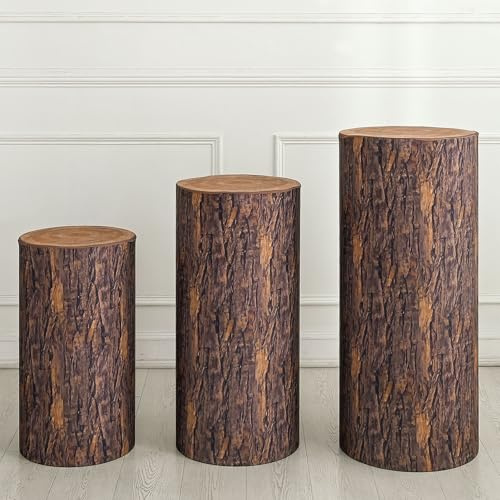 sourcing map Set of 3 Wooden Texture Cylinder Spandex Stand Covers, Plinth Stand Cover for Party Wedding Birthday Decoration, Only Contains Cylinder Covers (Elastic Fabric - Large)
