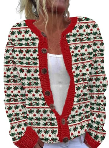 YIzdegg Cardigan Femme Long Manches Longues Hiver Col V Femme Multicolore Pull En Laine Tricoté Cardigan Casual Pull Hiver Chaud Hauts Avec Boutons Christmas Cardigans Enroulés Vestes Douce Épaisse