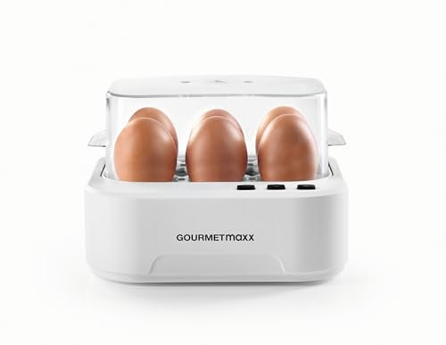 GOURMETmaxx Sprechender Eierkocher für 6 Eier | Design Egg Cooker mit Eierstecher, Messbecher & Sprachausgabe | 3 Härtegrade für perfekt gekochte Eier | Leichte Reinigung & einfache Handhabung