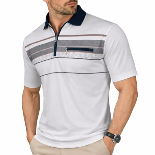 Soltice Poloshirts Herren Kurzarm, Gestreifte Polohemden mit Brusttasche, Blousonshirts aus Baumwoll-Mix (M), [MS2] Weiss