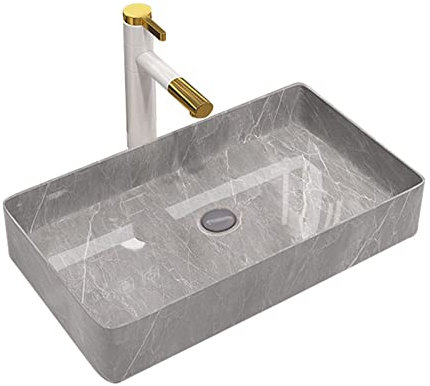 Lavabo de baño Fregadero rectangular de cerámica con textura de mármol, 23,6 x 13,7, cuenco de tocador de baño moderno rectangular gris sobre el mostrador, grifo no incluido Lavabo de sobremesa