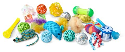 Amazon Basics Cat Toy Set, 20 Piece Variety Pack with Teaser, Ball, Feather, Spring