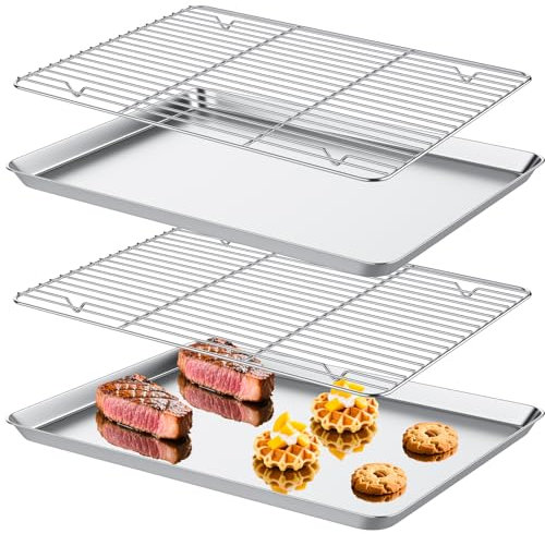 FoiiLiio 2 Pezzi Teglia Rettangolare in Acciaio Inox,40 x 30 x 2,5 cm Teglie da Forno con Griglia di Raffreddamento in Acciaio Inox,Professionale Teglia per Pizza Torte