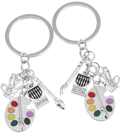 FRCOLOR Art Palette and Paintbrush Keychain Set, Enamel Artist Key Ring for Pain Enthusiasts, 2pcs Charm Key Holder Gift for Painters and Art Students in Creative Use