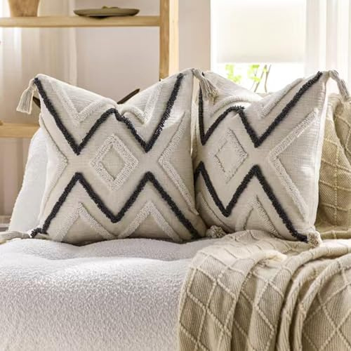 YULUOSHA 2-teiliges Set Dekorative Boho werfen Kissenbezüge weichen Plüsch Couch Kissenbezüge für Haus Lumbal gewebt natürliche Beige Kissen Fall texturierte gestreift gewebt (Schwarz, 45x45cm)