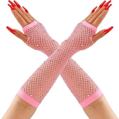 Rhinestones Fishnet Gloves, 1 Pair Mesh Fingerless Fish Net Sparkly Glitter Gloves, Stretchy Elbow Length Neon Mitten for 80s Party Cosplay, Arm Sleeves Bridal Glove for Wedding Halloween Nightclub