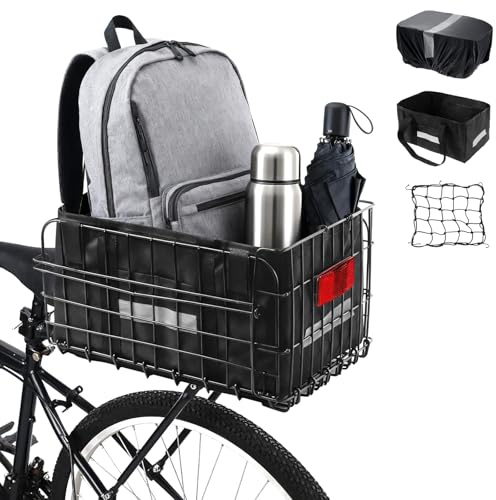 JAOGAUS Foldable Bicycle Basket, Metal Large Rear Basket with Nylon Liner Bag and Waterproof Cover, Quick Release Design with Elestic Cargo Net, Fits for Most Rear Bike Rack