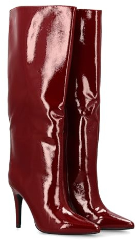 shoes&blues.es Stivale alto da donna con effetto vernice, brillante, con chiusura a zip e tacco e punta sottile. Stampa liscia ideale stagione ottono invernale., bordeaux, 41 EU