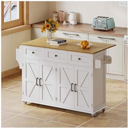 Wyibwy Isla de cocina con encimera abatible, 140 x 70 x 90,5 cm, dispone de cinco ruedas bloqueables, cuatro puertas, tres cajones, estantes en las puertas, toallero doble, blanco