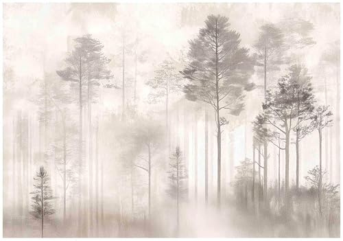 WallArena – fleece fototapet skog dimma 150 x 105 cm – fototapeter – för vardagsrum sovrum – fibertapet tapet tapet 3D-effekt – inkl. klister – landskap boho beige natur