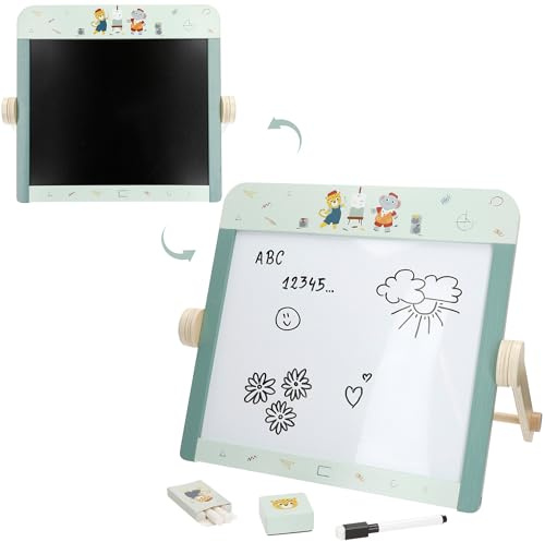WOOMAX Lavagna Doppia Faccia in Legno, Pennarello e gessi, Cancellino, Piedini Mobili, Bordi Arrotondati, Certificato FSC, 40x27x32 cm, +3 anni, Lavagne per Bambini, Giocattoli Educativi (39250)