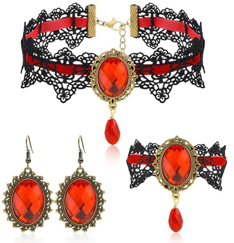 GUIZIYAO Gothic Schmuck Set, 3-teiliges Halsketten-Set mit Ohrringen und Armband, Halloween Vintage Zubehör, Spitze Choker, Gothic Schmuckset Damen für Halloween Karneval Cosplay