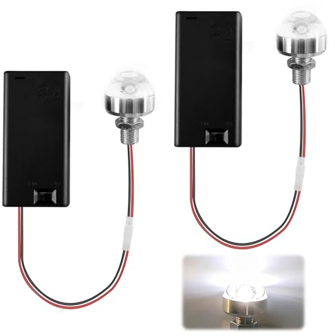 Juego de 2 miniluces LED para casa de muñecas, lámparas en miniatura con soporte e interruptor, luz blanca, funciona con pilas AA de 3 V, cable de 10 cm para casas modelo, jardín de hadas, microcasa y