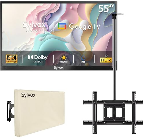 SYLVOX 55 TV da Esterno con Copertura & Supporto per Televisore da Soffitto - 4K HDR10 1000Nits, Smart Google Outdoor TV IP55 Impermeabile, DVB-T2/S2, per Piscina, Giardini, Terrazza (Deck Pro 2.0)
