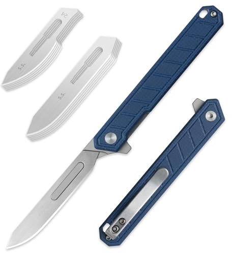 OLITANS G046 Mecha Mini Slim Folding Scalpel with 5pcs #24 and 5pcs #60 Micarta Handle with Liner Lock, Utility EDC Pocket Knife with Back Clip（Blue）