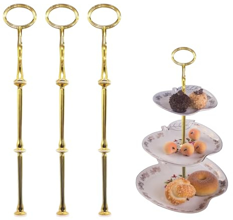 Cohentbliss Set di 3 aste per alzate, 3 ripiani, supporto per torte dorato, asta in metallo vintage, per porta torte, matrimoni, feste di compleanno, fai da te