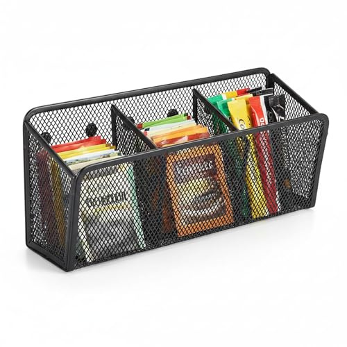 Raoletin Magnetic Tea Bag Storage Holder Metal Mesh Drink Pouches Organiser, 3 Compartments Tea Box Organiser for Kitchen, Office Coffee Bar, Space Saving Sachet Holder for Sugar Packets, Creamers