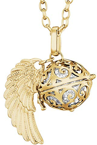 Morella collar ángel de la guarda de acero inoxidable oro 70 cm con colgante alas de ángel y bola de resonancia de circonita de color blanco 16 mm para damas en bolsa para joyas