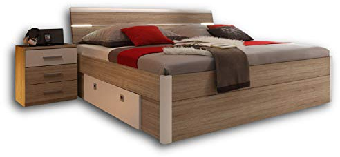 Stella Trading MARS Stilvolle Doppelbett Bettanlage 180 x 200 cm mit 2x Nachtkommoden - Schlafzimmer Komplett-Set in Eiche Sonoma Optik, weiß - 216 x 97 x 185 cm (B/H/T) eiche sonoma / weiß