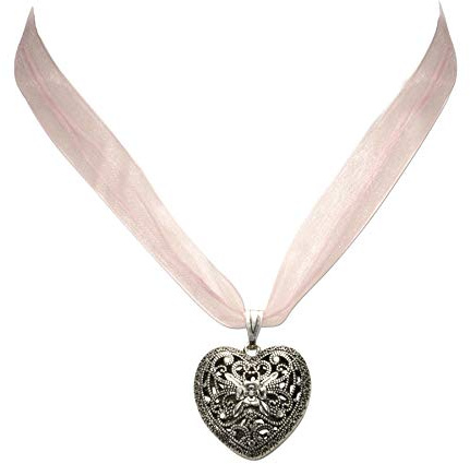 Heimatflüstern Collana di Nastro di Organza con giondolo Cuore Tradizionale, Catena da Donna per l`Oktoberfest, Gioielli per Dirndl (Rosa)