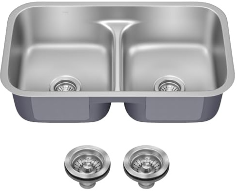 KRAUS Premier 32-inch Undermount 50/50 Double Bowl Low Divider 18-Gauge Stainless Steel Kitchen Sink with Strainers (x2), KBU32