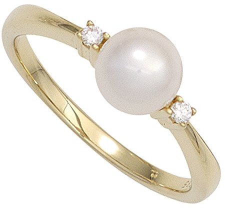 Jobo Damen-Ring aus 14 Karat 585 Gold mit Perle und 2 Diamanten Größe 58