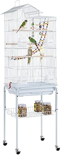 Yaheetech Budgie Cage 46 x 35.5 x 158.5 cm with Detachable Stand White | Bird Cage, Parakeet Cage, Cockatiel Cage, Powder-Coated Iron, Slide-Out Tray, Swing & Ladder Toys, Bar Spacing 10mm