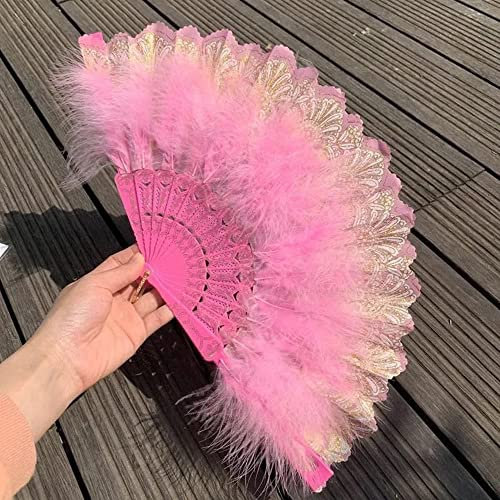 Duories Feder Handfächer,mit Quastenanhänger,Faltfächer Klappfächer Vintage Spanische Viktorianischen Damen Fächer Tanzen Hand Fan für Hochzeit Geschenk Sommer Feste Party Fasching Kostüm,Rosa