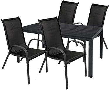 Mojawo Hochwertige Gartengarnitur 5-teilig Gartentisch 150x90cm Anthrazit Schwarz + 4 Stapelstühle Textilen Anthrazit Gartenmöbel
