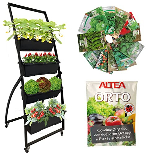 Tecnokit Kit Jardín vertical, jardinera con ruedas industriales, 4 cajas de 60 cm incluidas, 4 bolsas de semillas y 1 bolsa de abono para interior y exterior, 67 x 65 x 170 cm.