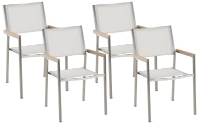 Beliani Gartenstuhl mit Armlehnen 4er Set Edelstahl Stoffbezug weiß stapelbar Grosseto