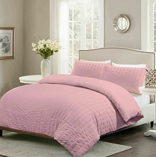 R&Z Luxury Seersucker Duvet Cover with Pillow Cases Bedding Set (Blush Pink, Double)