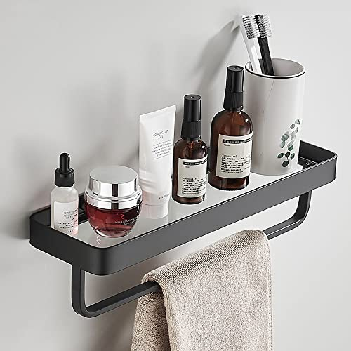 Celbon 40CM Badezimmerregal Duschablage Glas Duschregal Glasregal Wandregal Badezimmer Badregal Glasablage Wandmontage Ohne Bohren Aluminium Eloxiert Schwarz（2 Stück,Mit Handtuchhalter）