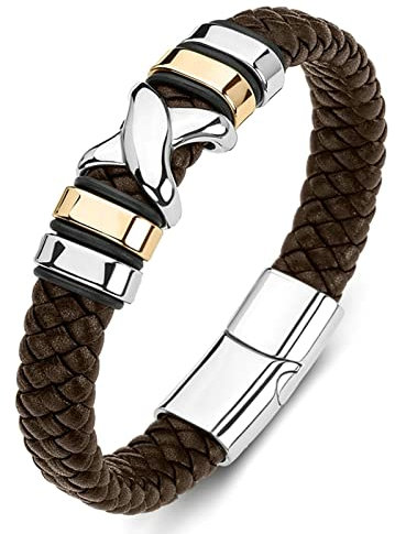 Ayoiow Männer Armband Indianer, Männer Armbänder Edelstahl Armband Herren Leder Braun Flechtarmband mit Gedrehtem Kreuz