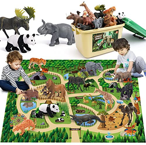 FRUSE Safari Animals Figures Toys with 145x98cm Jumbo Play Mat,12PCS Jungle Zoo Animals Playset with Lion,Elephant,Educational Learning Toys for Kids