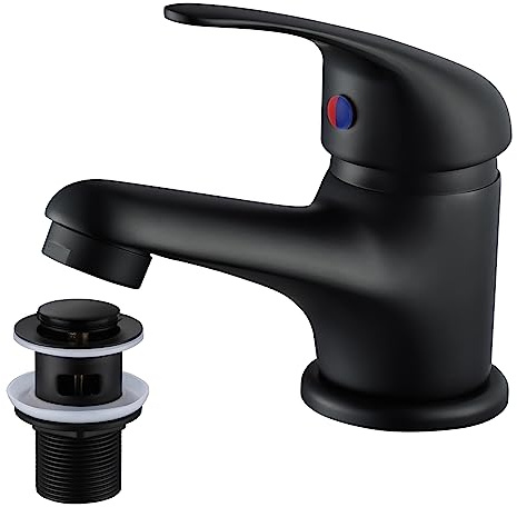 WasserRhythm Black Basin Mixer Tap with Pop Up Waste Bathroom Tap Mixers Monobloc Bathroom Sink Taps Single Handle Basin Taps Faucet with Universal Hoses