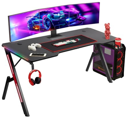 Todeco 160 x 60 cm Gaming Tisch mit LED, RGB PC-Schreibtisch, Schwarz | Mauspad, Getränkehalter, Kopfhörerhaken, 40+ RGB-Modi mit Fernbedienung, ergonomisch, Kohlefaser-Effekt