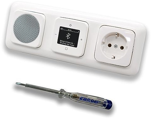 Busch Jäger DAB+ Unterputz Bluetooth Radio 8217U-101 Reflex SI alpinweiß, Set mit Lautsprecher, Abdeckungen, Steckdose mit Kinderschutz, Rahmen + EBROM Phasenprüfer zur Montage der Geräte 8217U