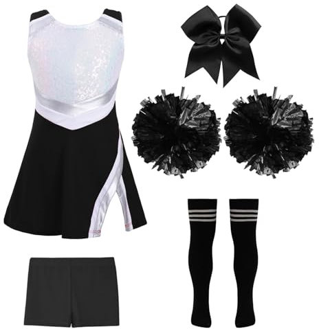 Alvivi 5 Stück Mädchen Cheer Leader Cheerleading Kostüm Ärmellos Kleid mit Shorts Pompoms Socken Haarband Halloween Karneval Fasching Partykleid Schwarz&Weiß 146-152