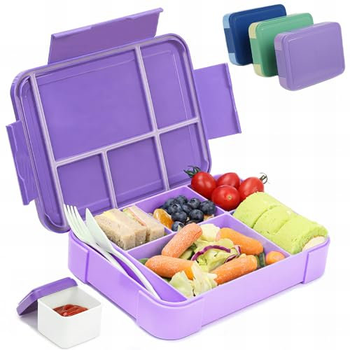 Bugucat Bento Lunch Box 1330ML,kids Lunch Box Bento Boxes with 6 Compartments Cutlery,Leak Proof Lunchbox Snack Boxes for Kids Adult,Kids Lunch Box with Compartments for School Kindergarten Purple