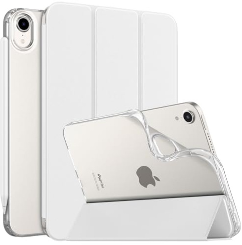 MoKo Hülle Kompatibel mit Neues iPad Mini (A17 Pro) 2024, iPad Mini 6.Generation Tasche 2021 (8,3-Zoll), Weiches TPU Transluzent Rückendeckel Schlankes Etui für iPad Mini 7/6 Gen, Weiß | Dünn Ständer Schutzhülle mit Weicher TPU-Rückseite Ultradünne PU Leder Schutzhülle Unterstützt Touch ID Auto Schlafen/Wachen