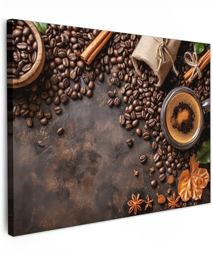 MuchoWow© Leinwand Bilder Wanddeko Wohnzimmer Aesthetic Room Decor Deko | 80x60 cm - Zimmer Wandbilder Modern Fotogeschenke Kaffee - Küche - Kaffeebohnen - Blätter