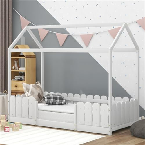 Kinderbett Hausform 90x200 cm Robustes Holzbett für Jungen & Mädchen Inklusive Rausfallschutz und Lattenrost (Matratze Nicht enthalten (Weiß)